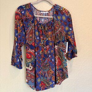 Figueroa & Flower Womens Tunic PM Multi Color Round Neck 3/4 Sleeve Paisley NWT